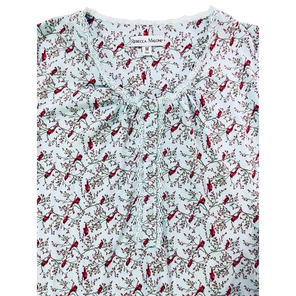 Rebecca Malone Women's Nightgown Medium Nightdress Lace & Button Red Robin Print - Picture 4 of 8